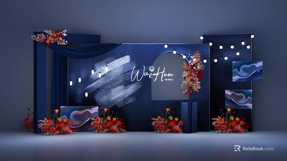 WineFlow Wedding Stage Setup With Dark Blue Backdrop String Lights And Flower Arrangements 3d model