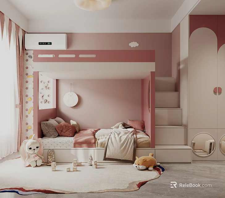 Pink Themed Kids Room Interior With Bunk Bed Stairs Wardrobe And Stuffed Toys 3d model 