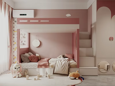 Pink Themed Kids Room Interior With Bunk Bed Stairs Wardrobe And Stuffed Toys 3d model