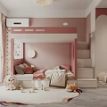 Pink Themed Kids Room Interior With Bunk Bed Stairs Wardrobe And Stuffed Toys