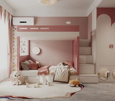 Pink Themed Kids Room Interior With Bunk Bed Stairs Wardrobe And Stuffed Toys 3d model