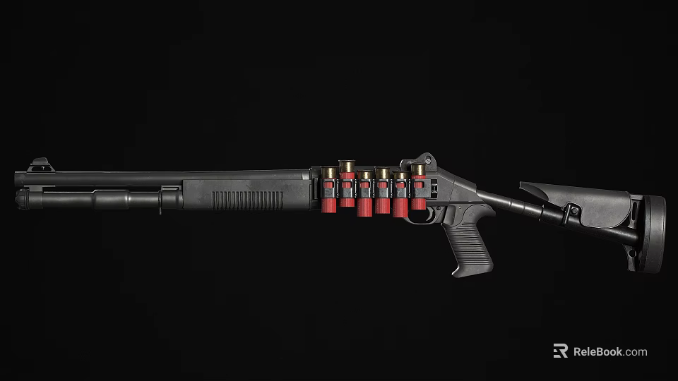 Tactical Shotgun With Red And Gold Shells Displayed On Black Background 3d model