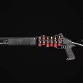 Tactical Shotgun With Red And Gold Shells Displayed On Black Background 3d model