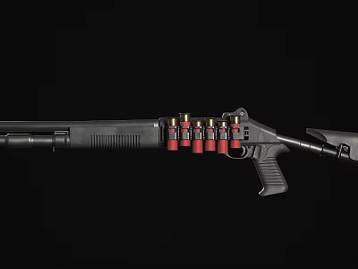 Tactical Shotgun With Red And Gold Shells Displayed On Black Background 3d model