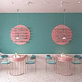 Pastel Living Room Interior With Pink Sofa Teal Walls Green Plants And Round Coffee Table