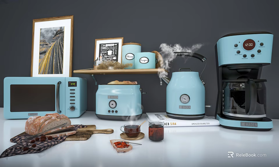 Light Blue Kitchen Appliances Microwave Toaster Kettle Coffee Maker With Bread Teacup Jam On Counter 3d model 