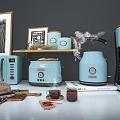 Light Blue Kitchen Appliances Microwave Toaster Kettle Coffee Maker With Bread Teacup Jam On Counter