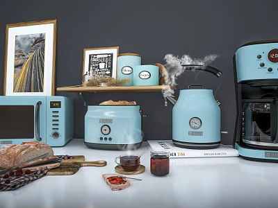 Light Blue Kitchen Appliances Microwave Toaster Kettle Coffee Maker With Bread Teacup Jam On Counter 3d model