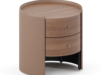Round Wooden Nightstand With Two Drawers Brown Side And Black Legs 3d model