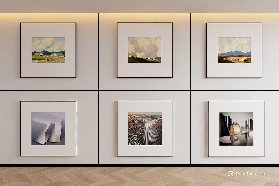 Six Modern Framed Abstract Paintings Hanging On White Wall Art 3d model 