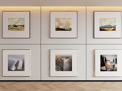 Six Modern Framed Abstract Paintings Hanging On White Wall Art 3d model