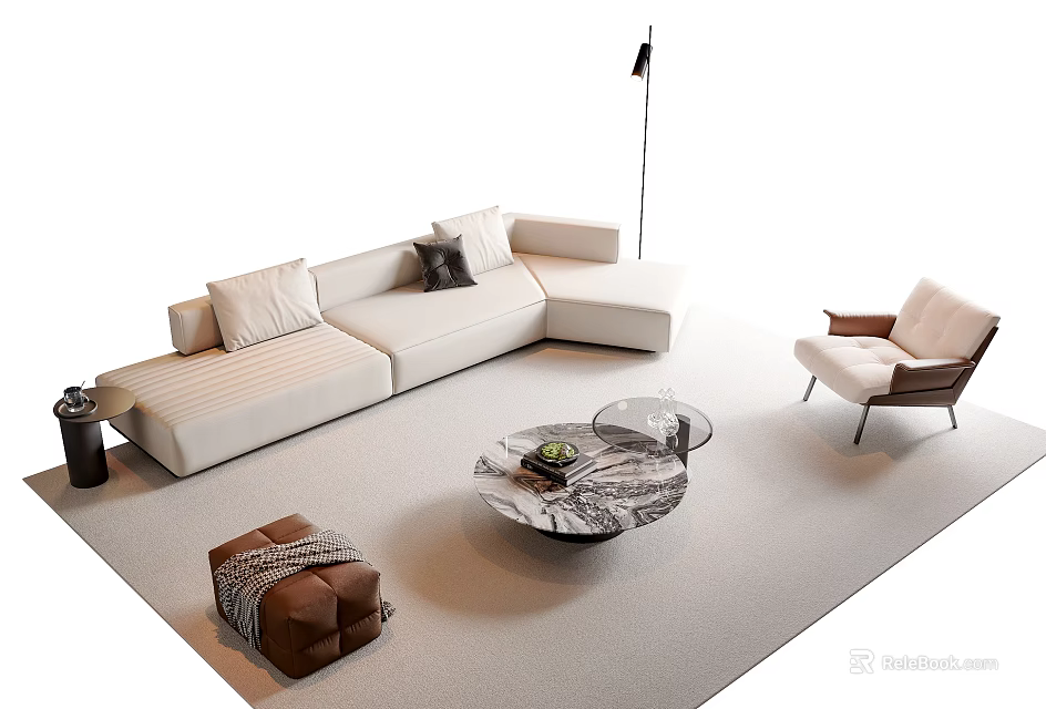Modern L Shaped Fabric Sofa And Marble Coffee Table Set With Armchair And Floor Lamp 3d model 
