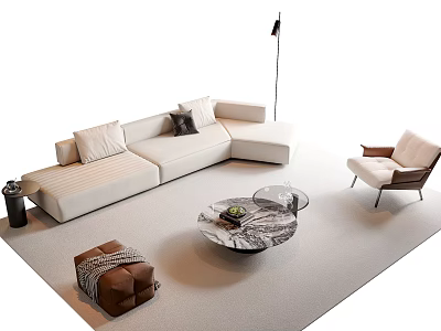 Modern L Shaped Fabric Sofa And Marble Coffee Table Set With Armchair And Floor Lamp 3d model