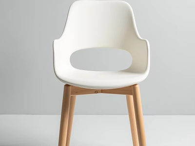 Modern White Leisure Chair With Plastic Back Wooden Legs And Round Cutout Design 3d model
