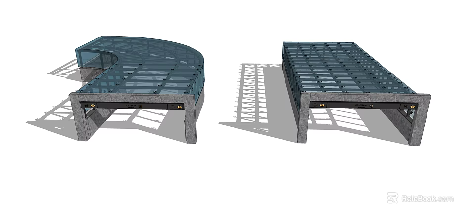 Curved and Rectangular Glass Roof Structures with Metal Frames and Support Columns 3d model