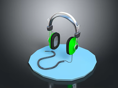 Wired Headphones With Green Earcups Silver Headband And Cable On Blue Octagonal Base 3d model