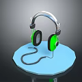 Wired Headphones With Green Earcups Silver Headband And Cable On Blue Octagonal Base