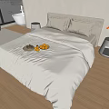 Modern Double Bed with White Bedding Wooden Floor Nightstand Lamp and Fruit Plate