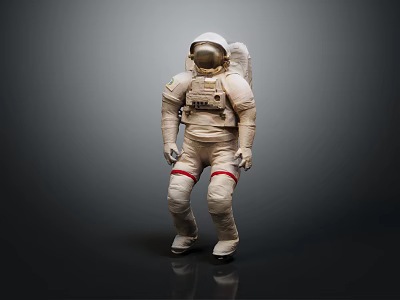 A Man In White Spacesuit Standing On Reflective Floor With Dark Background 3d model