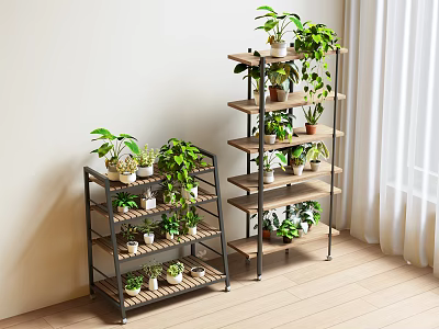 Two Stylish Multi Tiered Flower Stands with Lush Green Potted Plants Indoor 3d model