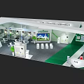 NEO Exhibition Booth With Green And White Modern Design Display Areas Plants And Digital Screens