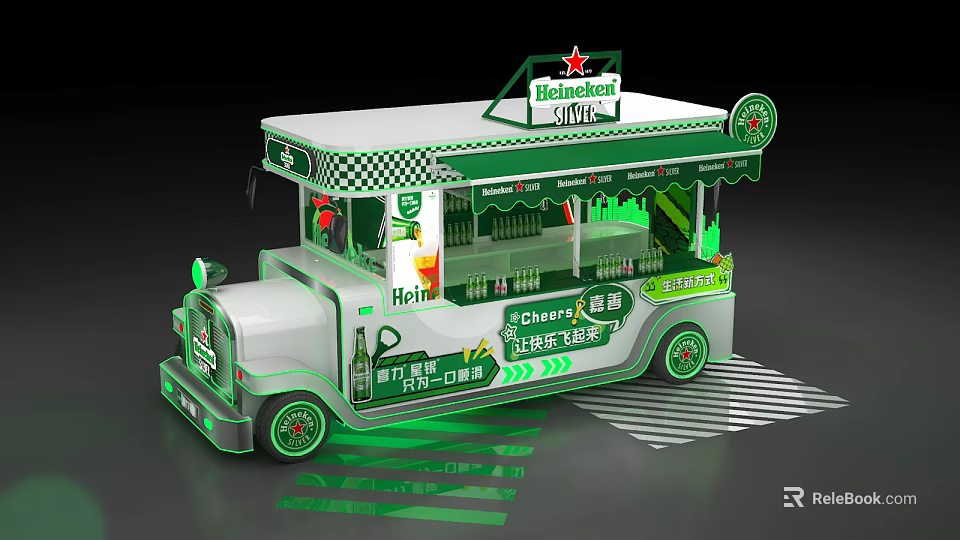 Snow Beer Mobile Beverage Truck With Green Exterior Cheers Signage And Open Bar Counter 3d model 