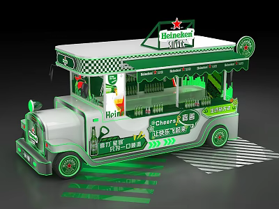 Snow Beer Mobile Beverage Truck With Green Exterior Cheers Signage And Open Bar Counter 3d model