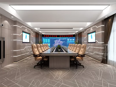 Modern Conference Room Interior Design With Long Table Multiple Leather Chairs And Large Screens 3d model