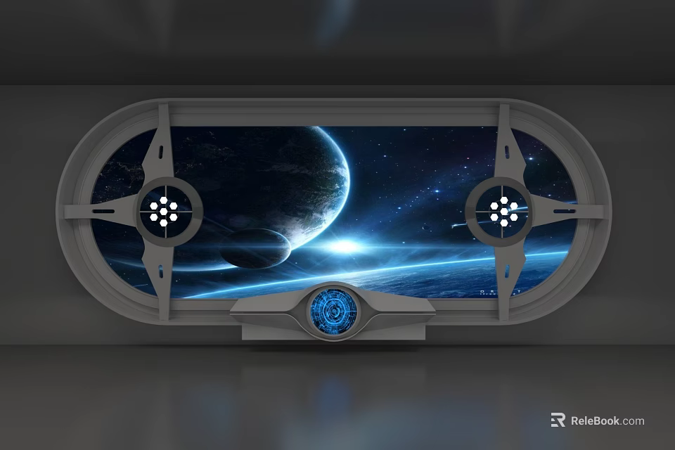 Immersive Art Installation With Porthole Window Showing Planet Starry Sky And Control Panel Design 3d model 