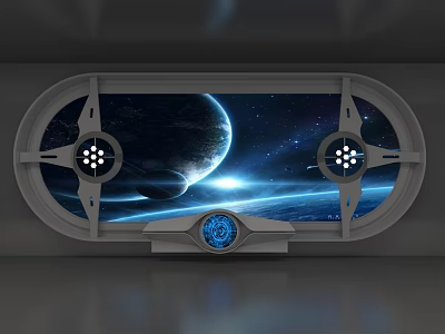 Immersive Art Installation With Porthole Window Showing Planet Starry Sky And Control Panel Design 3d model