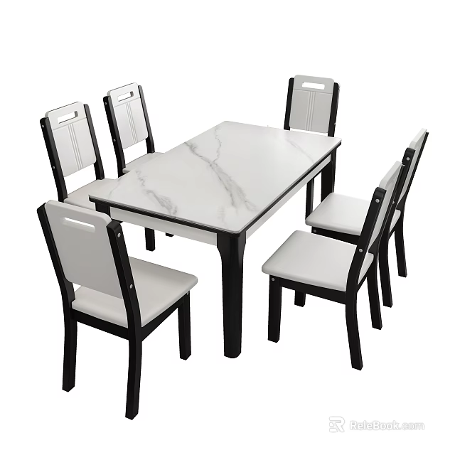 Modern Dining Table Set With Marble Top And Six Black White Chairs 3d model