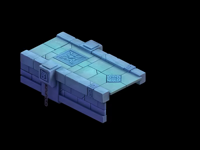 3D Stone Platform Structure With Teal Bricks Carvings And Chain Decoration 3d model