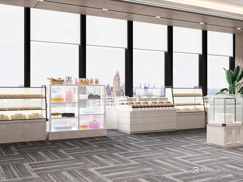 Open Bakery Space With Glass Display Cases And Urban Skyline Through Large Windows 3d model 