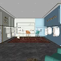 Modern Public Office Space With Stylish Seating Green Sofa Bookshelves And Area Rug