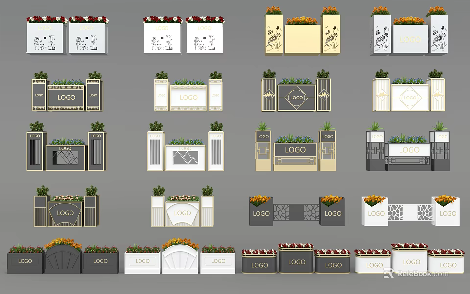 Various Garden Ornaments Designs With Multiple Styles Logo Elements And Green Plants 3d model