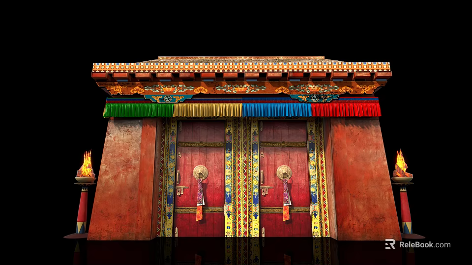 Traditional Storefront Entrance with Red Double Doors Golden Decorations and Colorful Tassels 3d model 