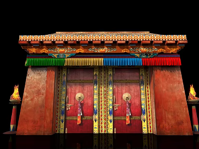 Traditional Storefront Entrance with Red Double Doors Golden Decorations and Colorful Tassels 3d model