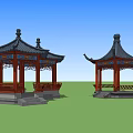 Two Traditional Chinese Pavilions 3D Models with Curved Roofs and Red Bases