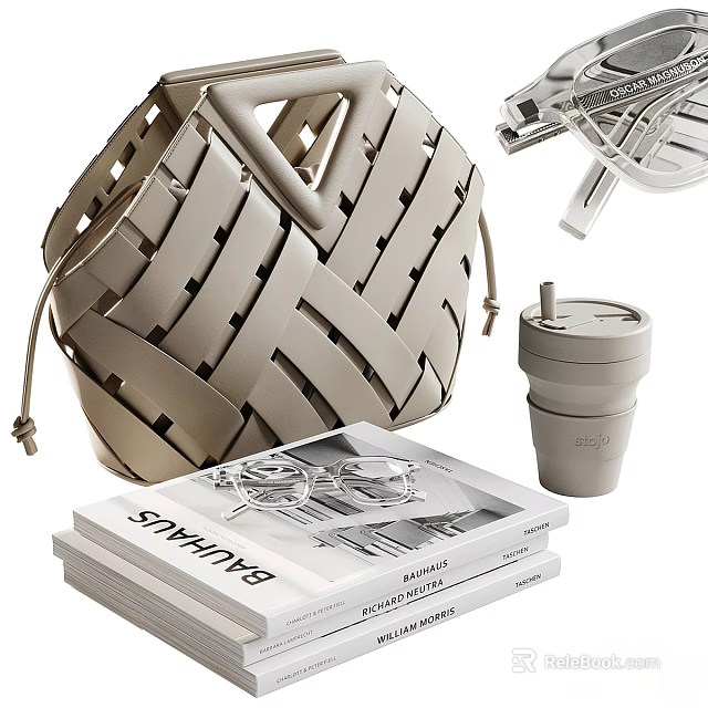 Stylish Decorative Ornament Set With Woven Basket Books Cup And Glasses 3d model 