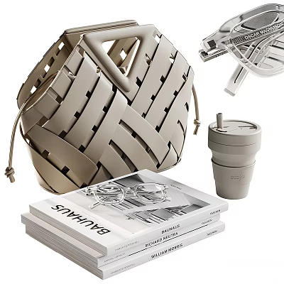 Stylish Decorative Ornament Set With Woven Basket Books Cup And Glasses 3d model