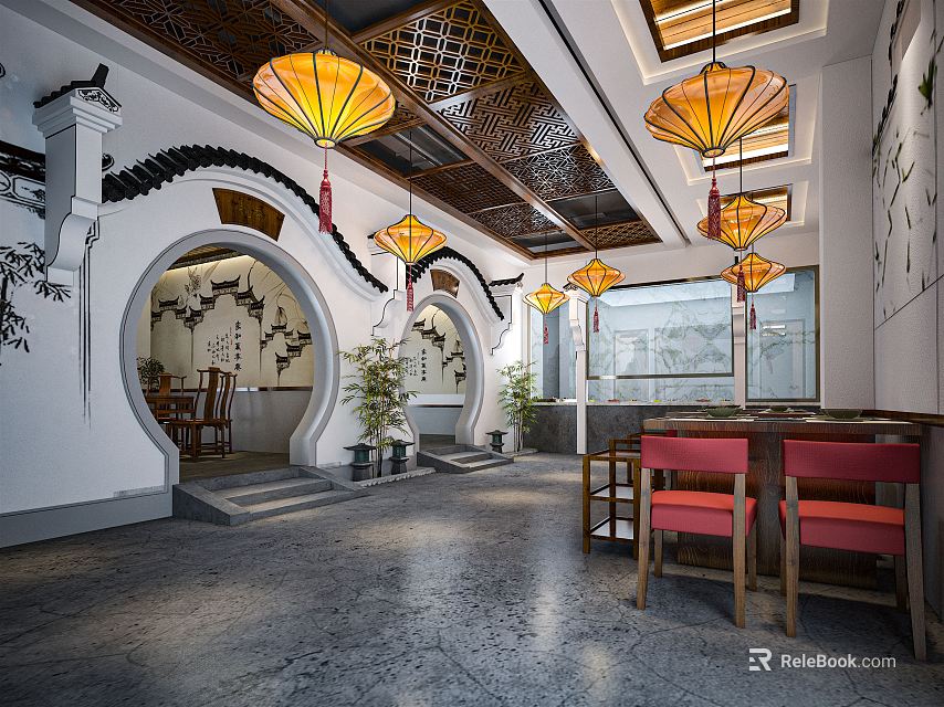 Traditional Chinese Restaurant Interior Featuring Circular Archway Yellow Lanterns Red Chairs And Ink Paintings 3d model 