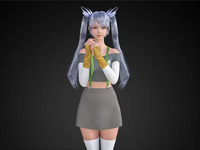 Woman With Silver Twin Tails Wearing Green Crop Top Gray Skirt Yellow Gloves White Stockings 3d model