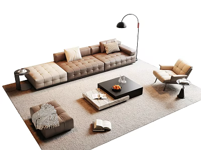 Modern L Shaped Sofa Coffee Table Combination With Beige Upholstery Armchair Floor Lamp And Rug 3d model