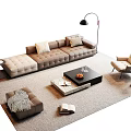 Modern L Shaped Sofa Coffee Table Combination With Beige Upholstery Armchair Floor Lamp And Rug