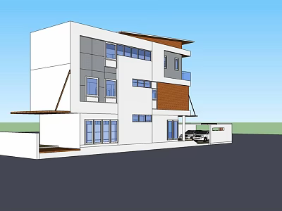 Modern Detached Villa Exterior With White Facade Large Windows Balcony Garage And Car 3d model