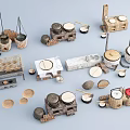 Traditional Handmade Kitchen Utensils with Clay Pots Stoves Wooden Basins and Tools