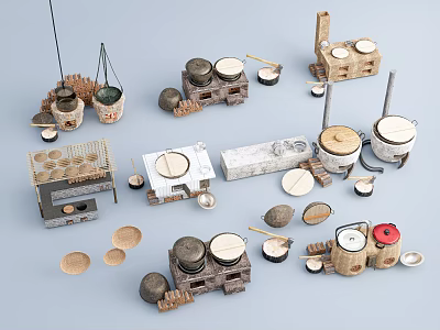 Traditional Handmade Kitchen Utensils with Clay Pots Stoves Wooden Basins and Tools 3d model