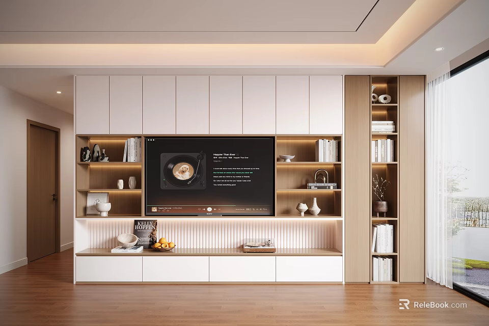 Modern White TV Wall Unit With LED Lighting Storage Shelves And Wooden Design 3d model 
