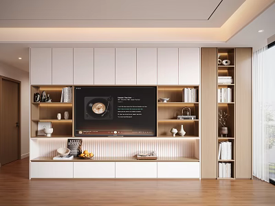 Modern White TV Wall Unit With LED Lighting Storage Shelves And Wooden Design 3d model