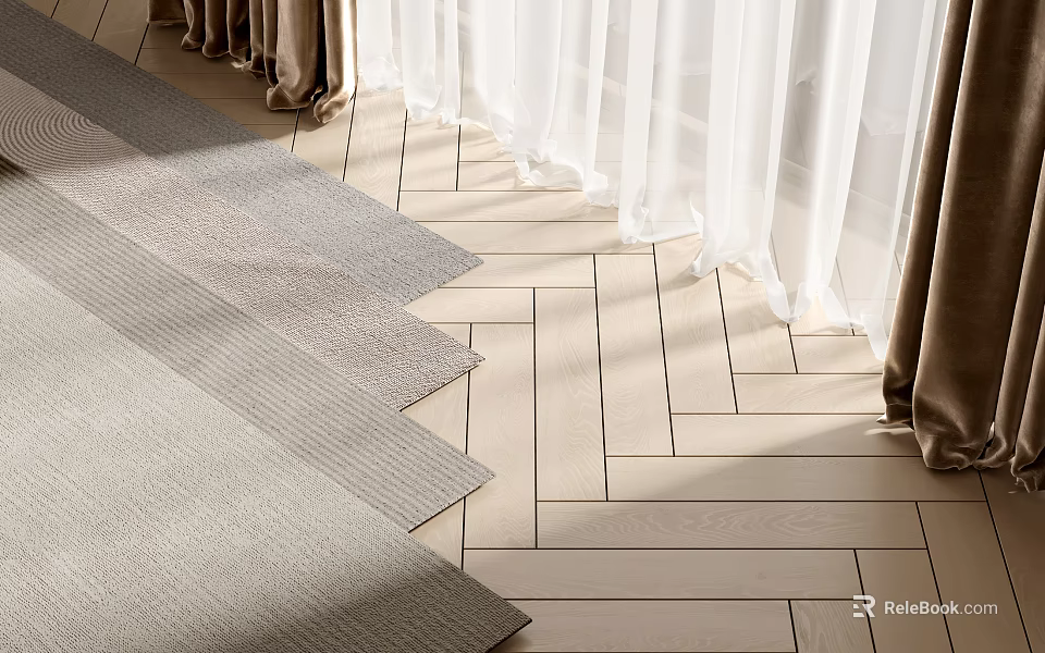 Neutral Square Rugs On Herringbone Wood Floor With Curtains 3d model 
